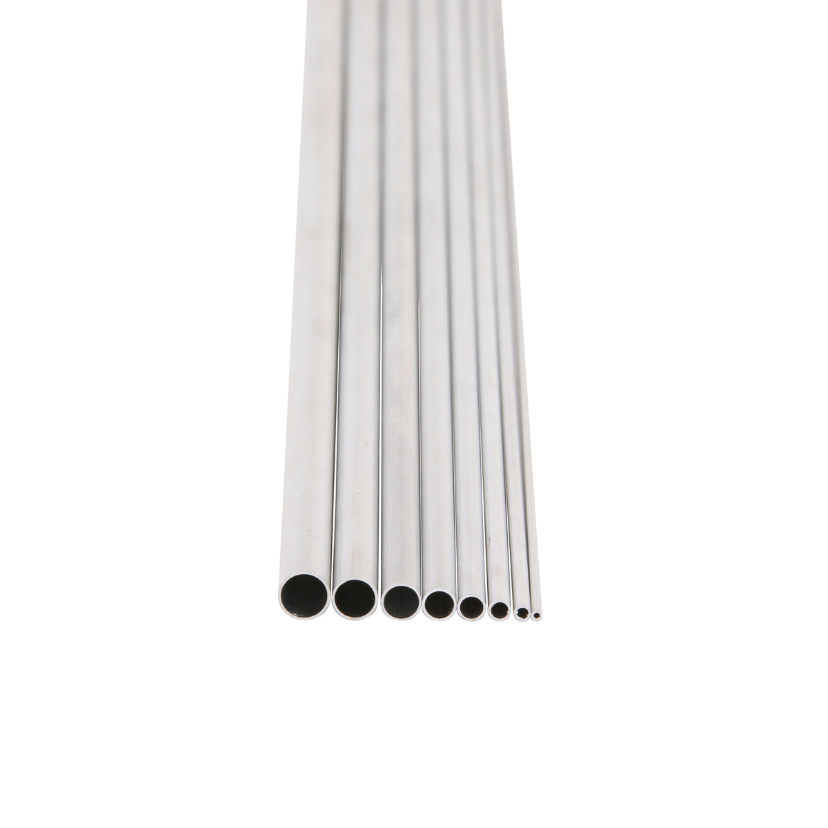 Set of aluminum tubes of various sizes on a white background