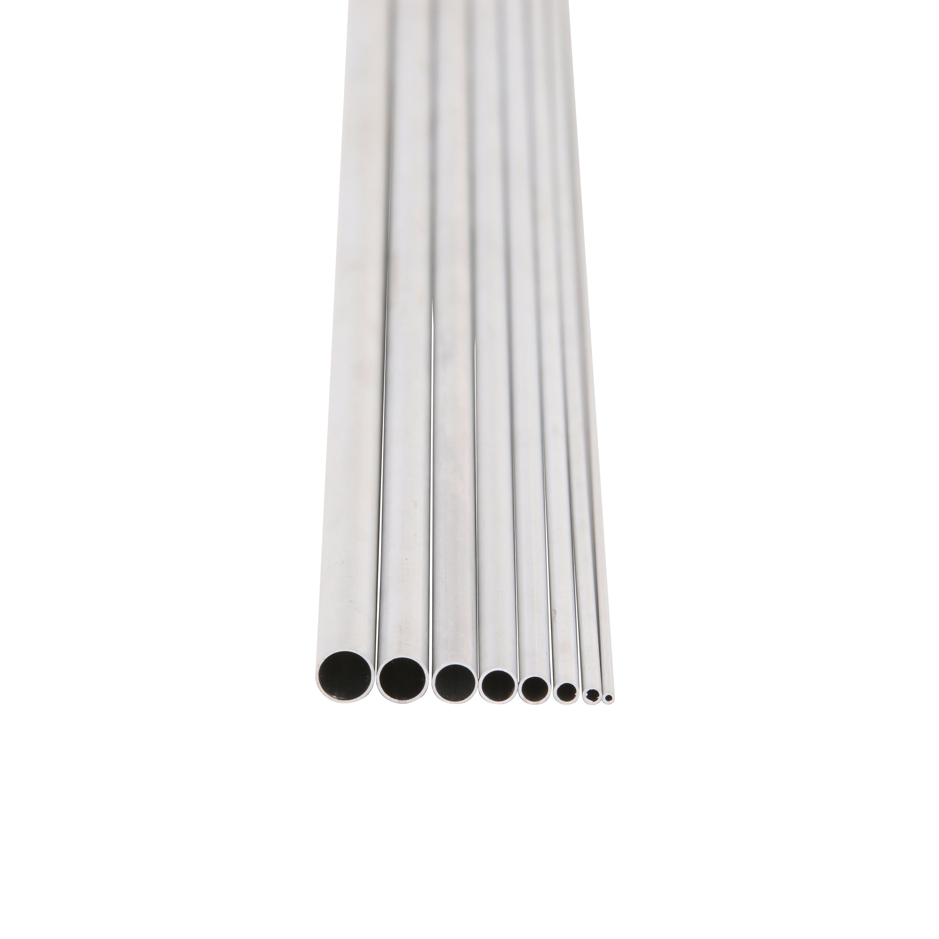 Set of aluminum tubes of various sizes on a white background