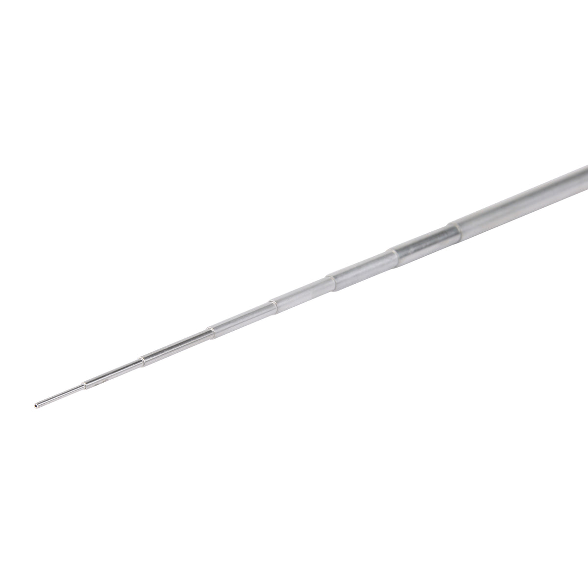 Set of aluminum tubes telescoping into one another on a white background
