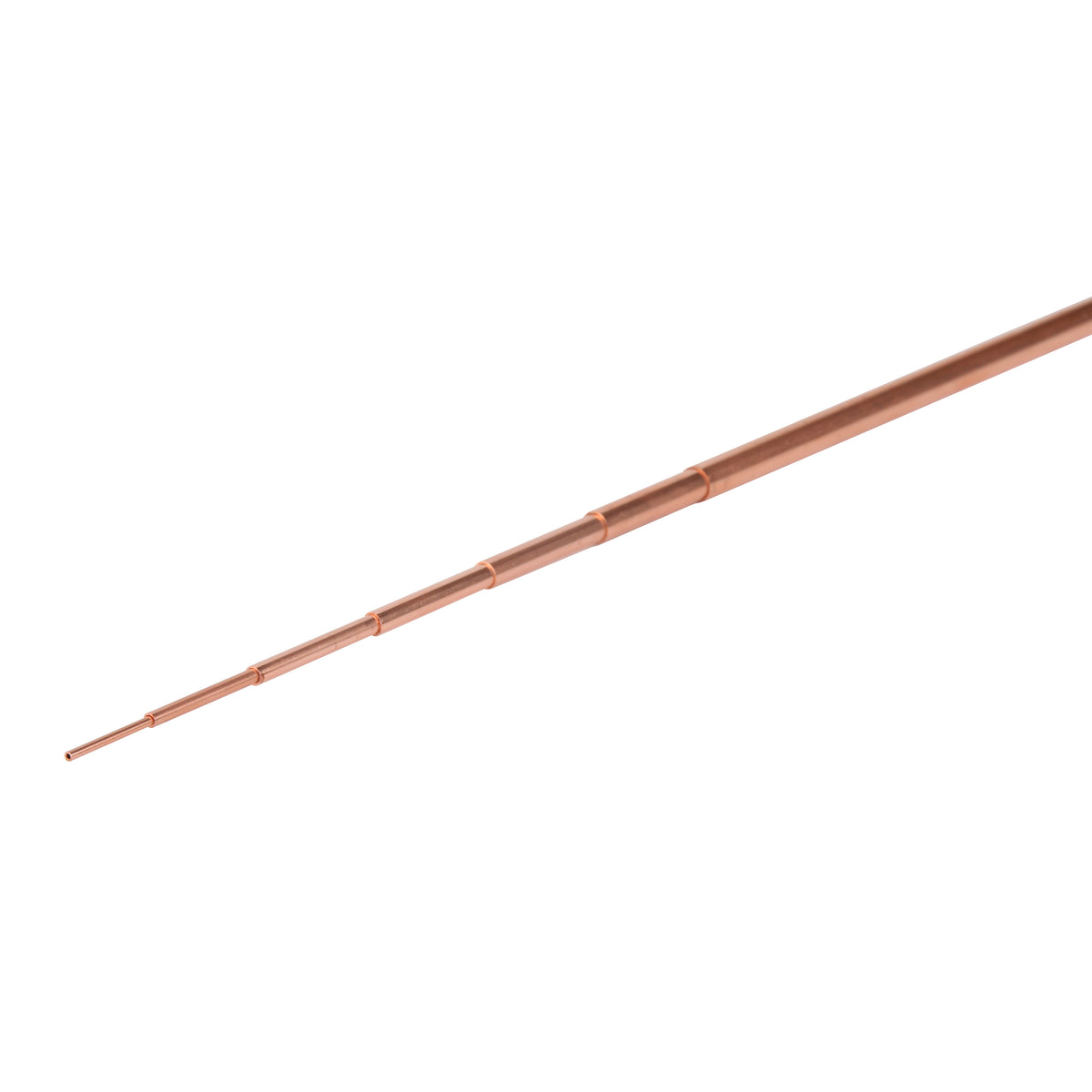 Copper tubes telescoping into one another on a white background