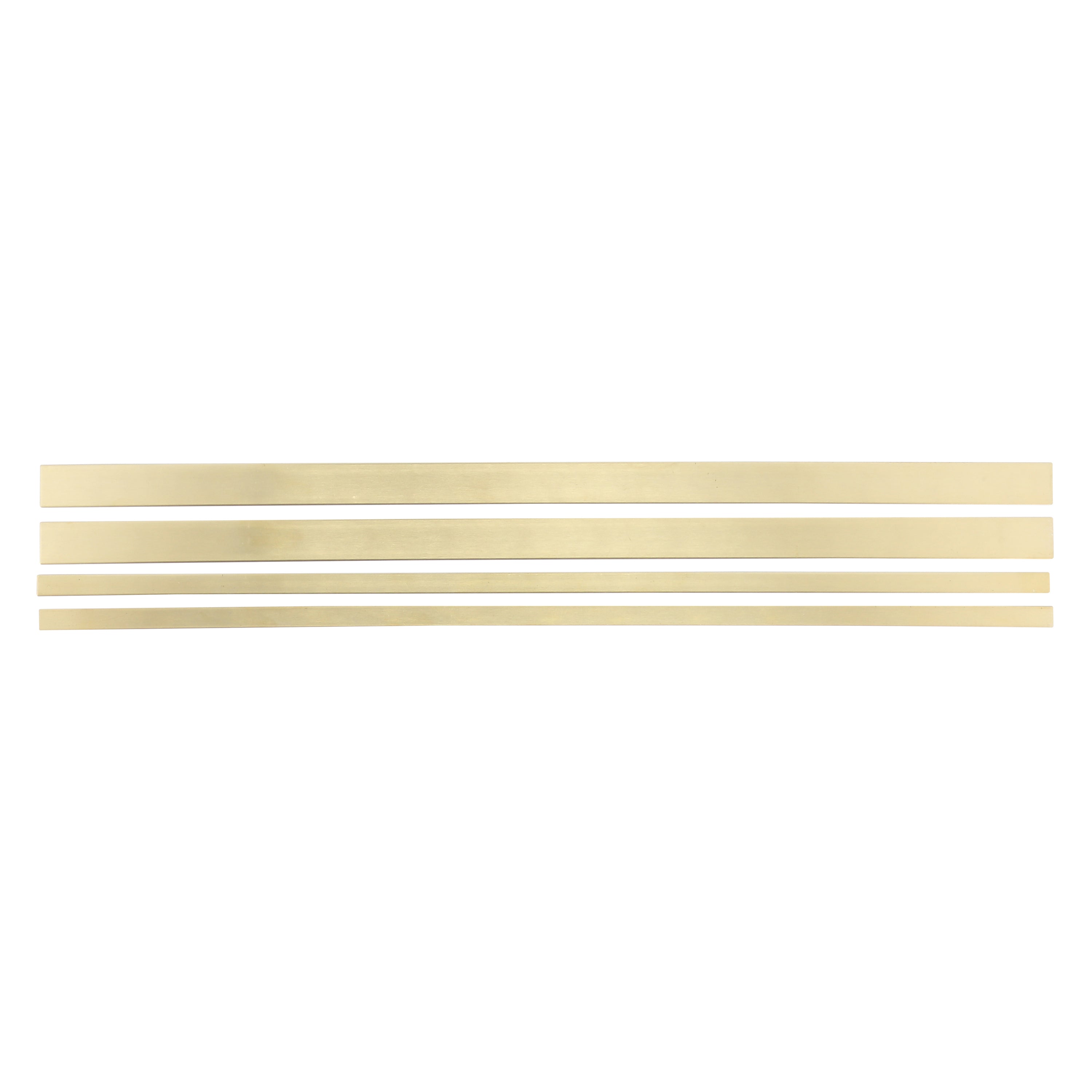 Brass strip assortment of various sizes on a white background