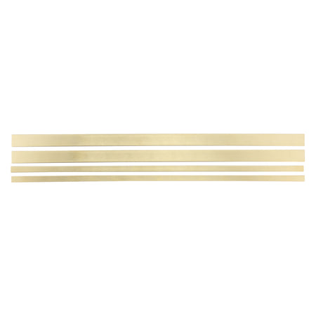 Brass strip assortment of various sizes on a white background