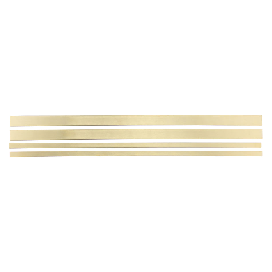 Brass strip assortment of various sizes on a white background