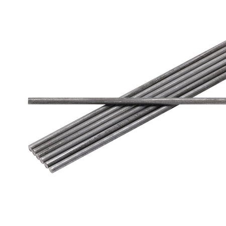 Seven metal rods stacked on a white background