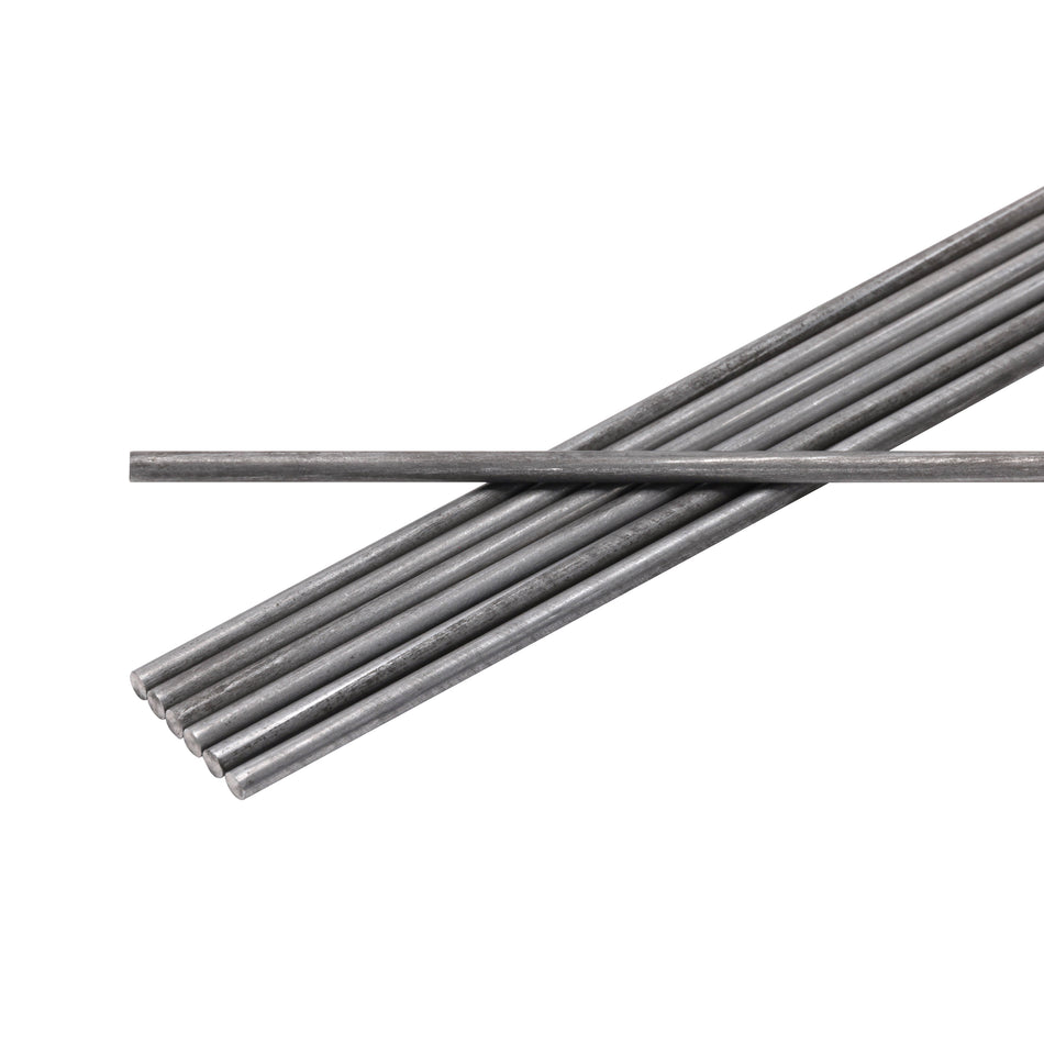 Seven metal rods stacked on a white background